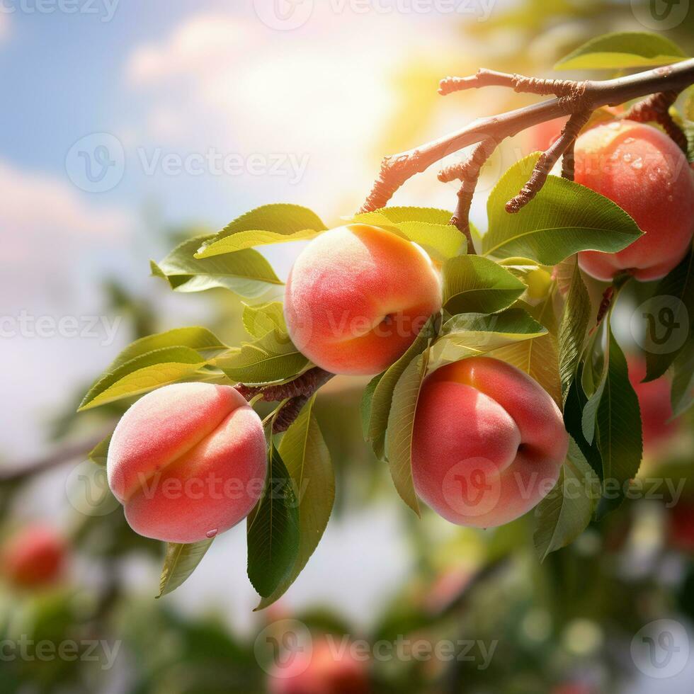 Illustration of freshly peaches on the peach tree photo