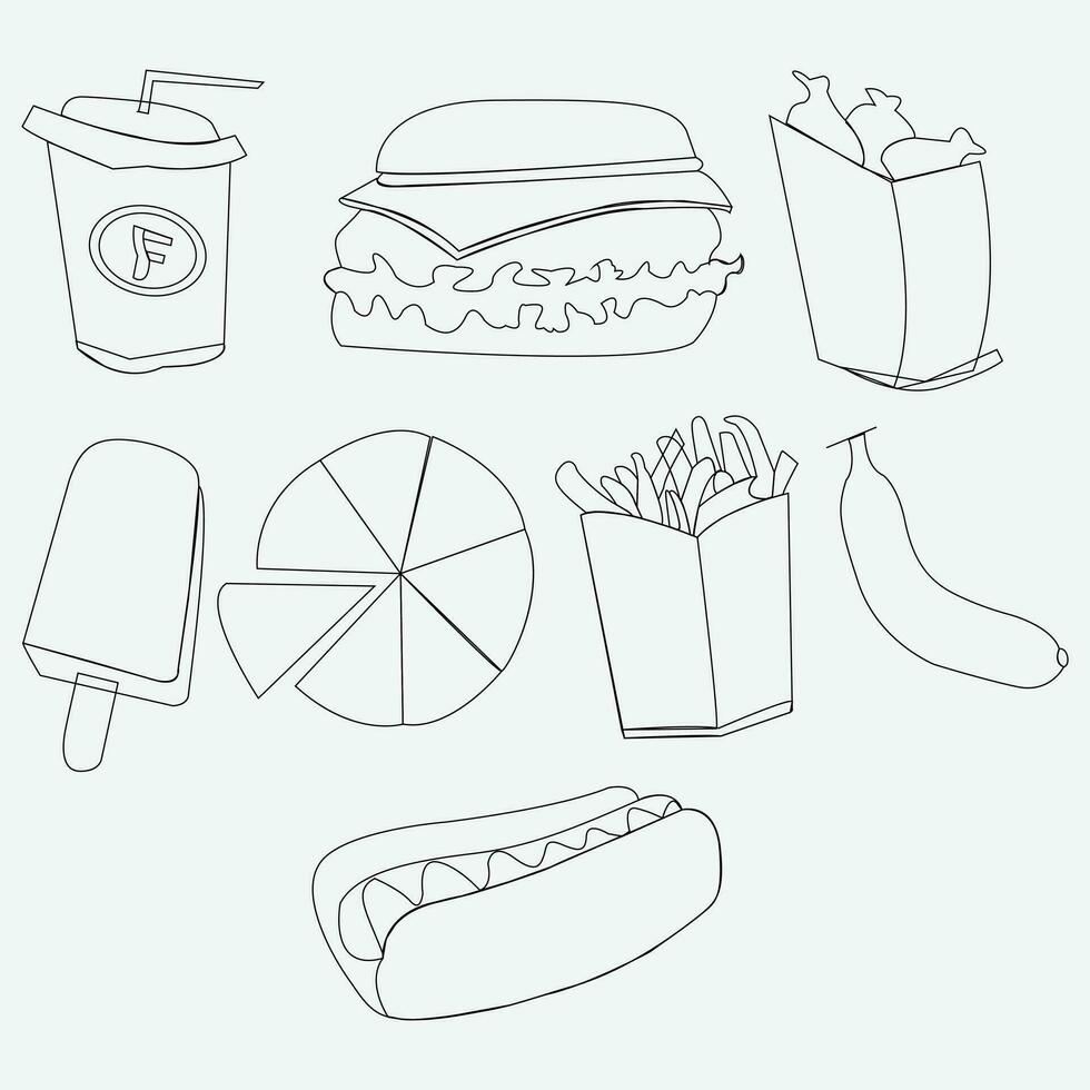 Illustration of a fast food menu in vector form Junk food is done with doodles. A collection of fast food drawings drawn by hand