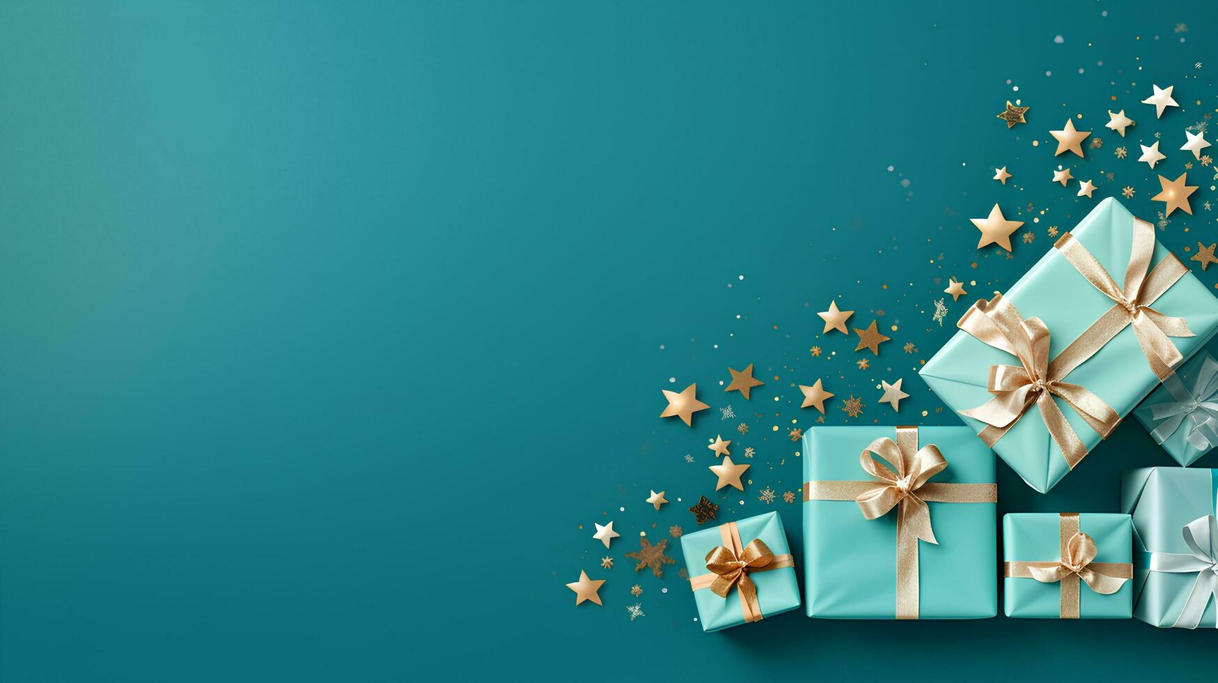 Banner with many gift boxes tied with velvet ribbons and paper decorations on a Green background. Christmas background. photo