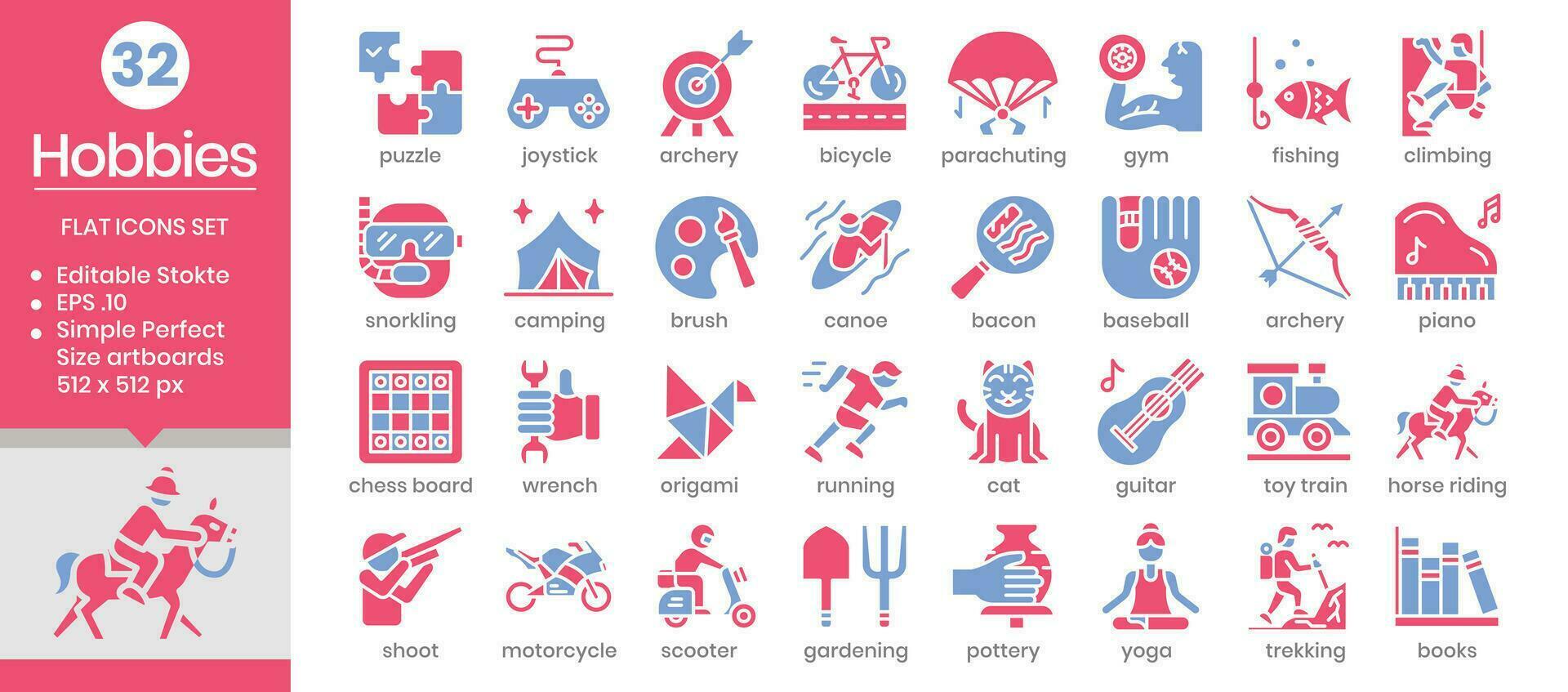 Hobbies flat two-color icons set. The collection includes icons from various aspects related to hobbies and leisure, from business and development to, web design, app design, logos, and more vector