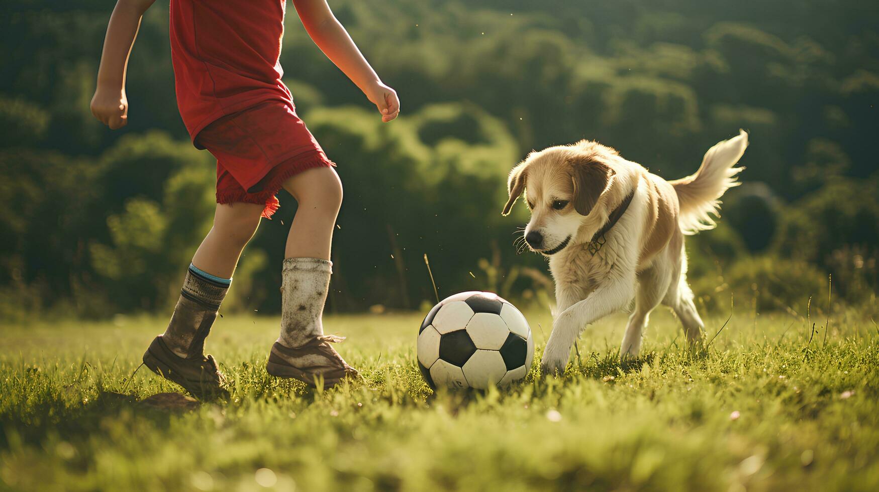 Close-up Legs Child male friends playing Football with a dog in the backyard. photo