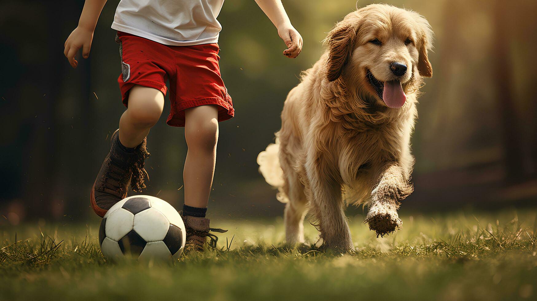 Close-up Legs Child male friends playing Football with a dog in the backyard. photo