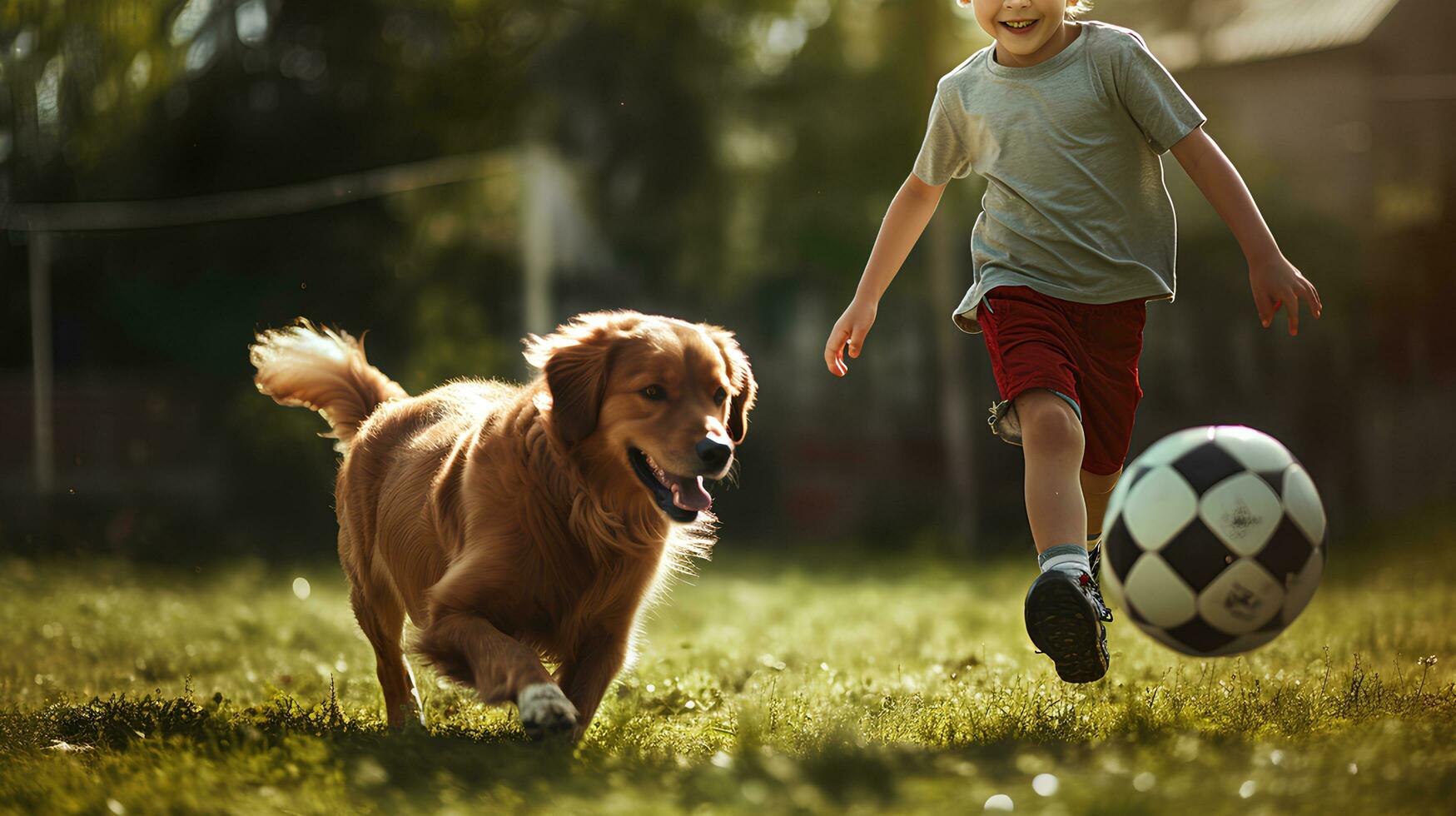 Close-up Legs Child male friends playing Football with a dog in the backyard. photo