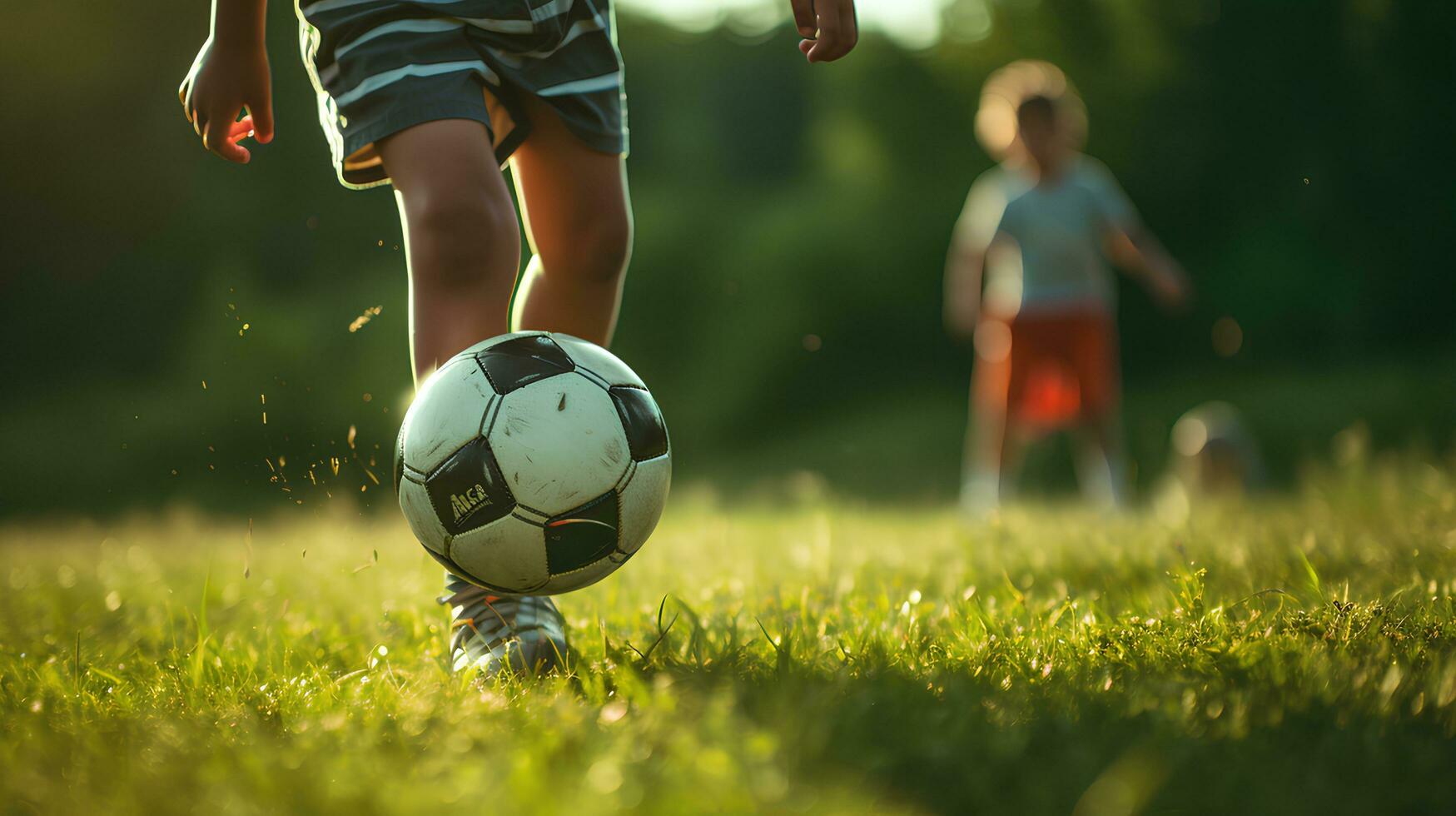 Close-up Legs Child male friends playing Football in the backyard. photo