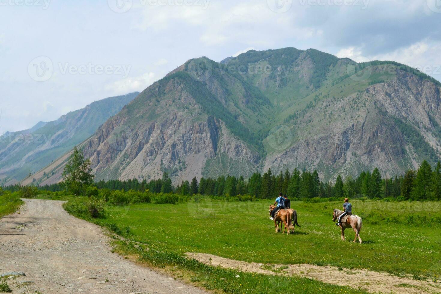 Gorny Altai, Russia, road in the mountains, horseback riding, tourists on horseback, outdoor recreation away from civilization photo