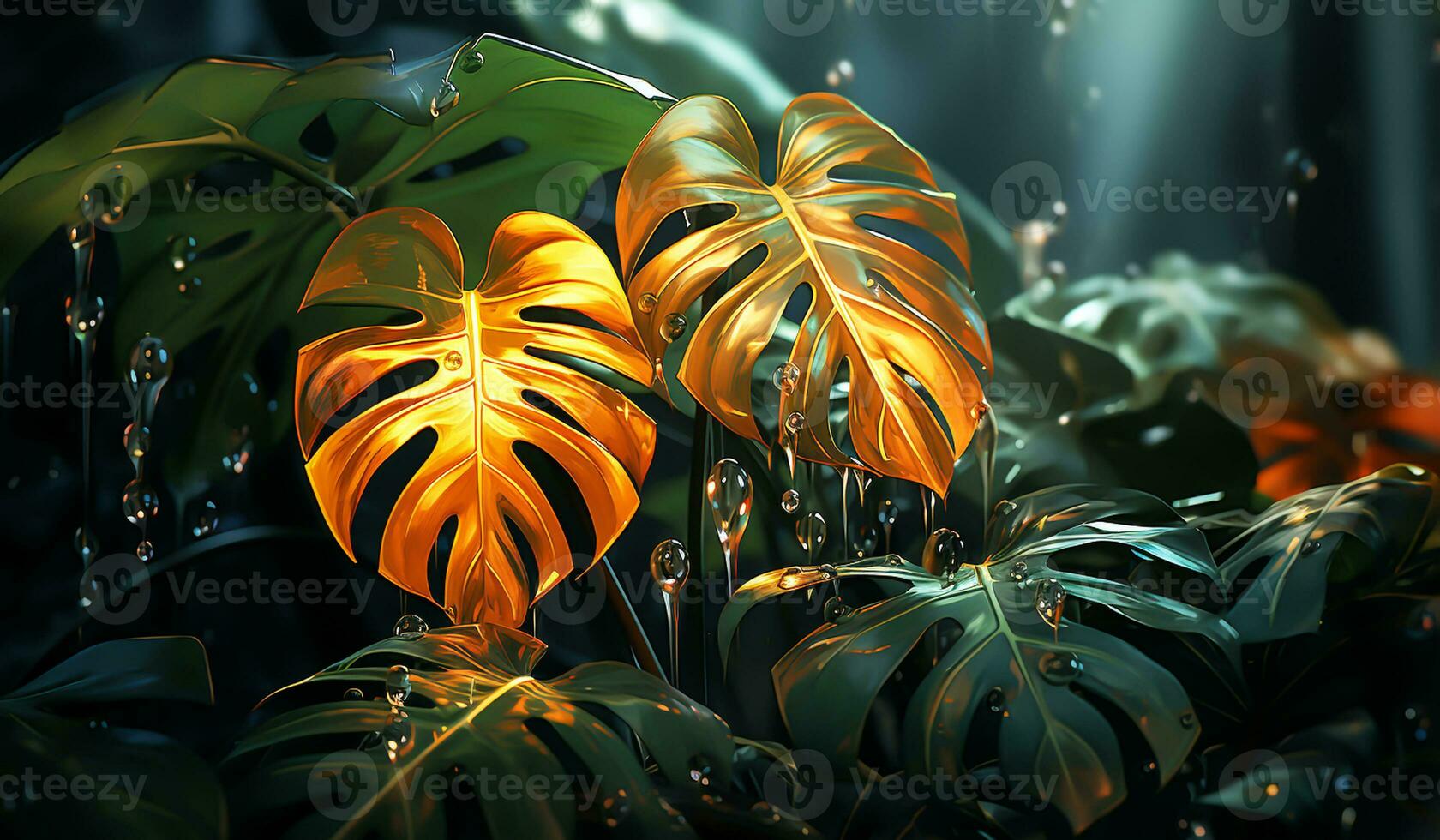 Large green and golden monstera leaves. AI generated photo