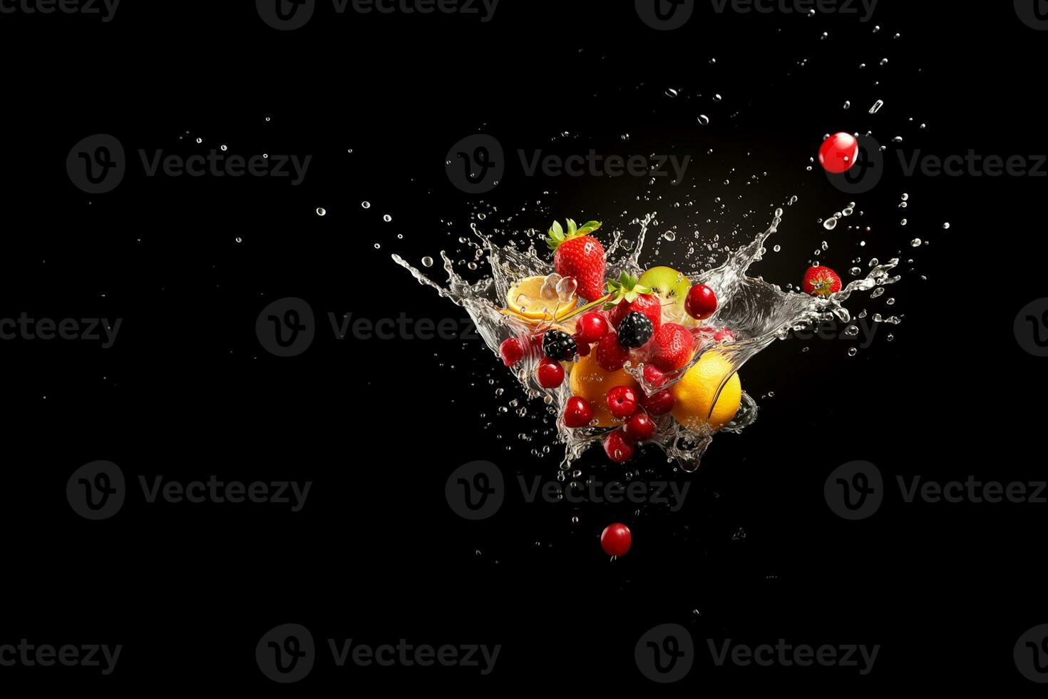 Vibrant AI generator illustration of various fruits in splashing water photo