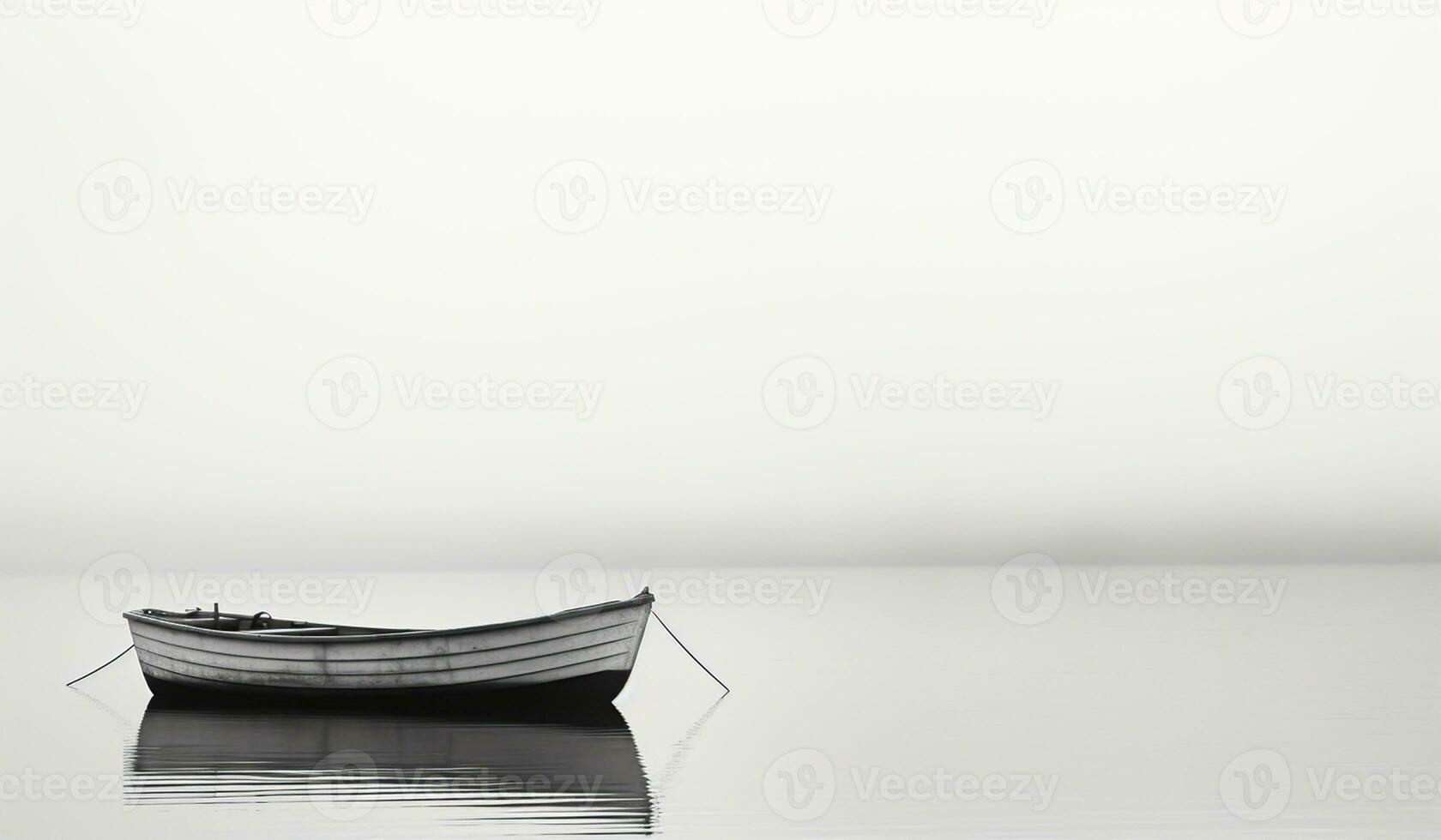 Minimalist landscape of small wooden boat isolated in water with a lot of fog. AI generated photo