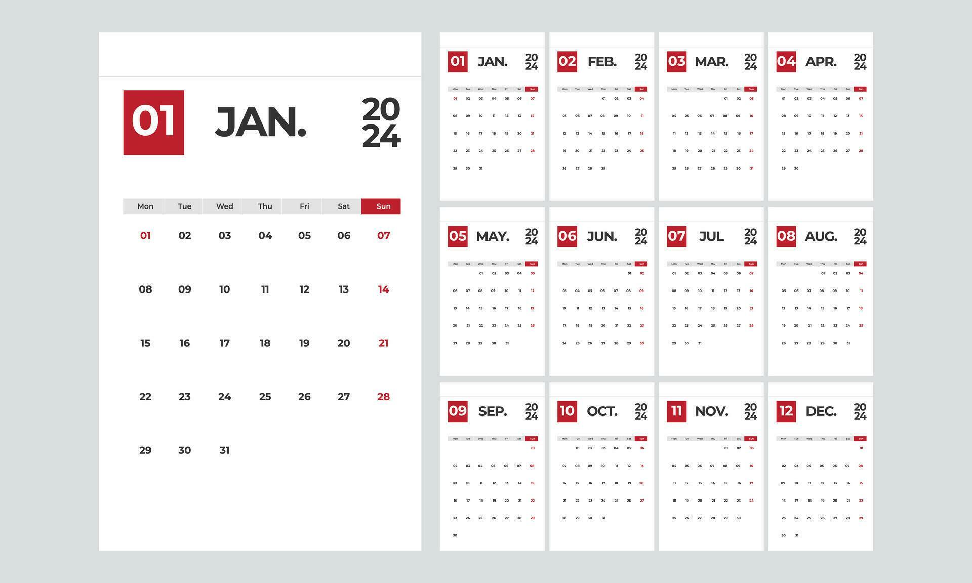 Portrait monthly calendar template for 2024 year for business in a