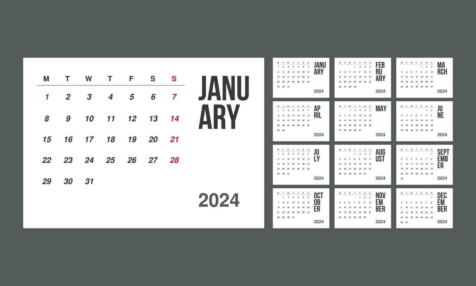 Desk calendar in a minimalist style. Monthly calendar template for 2024 year for business vector