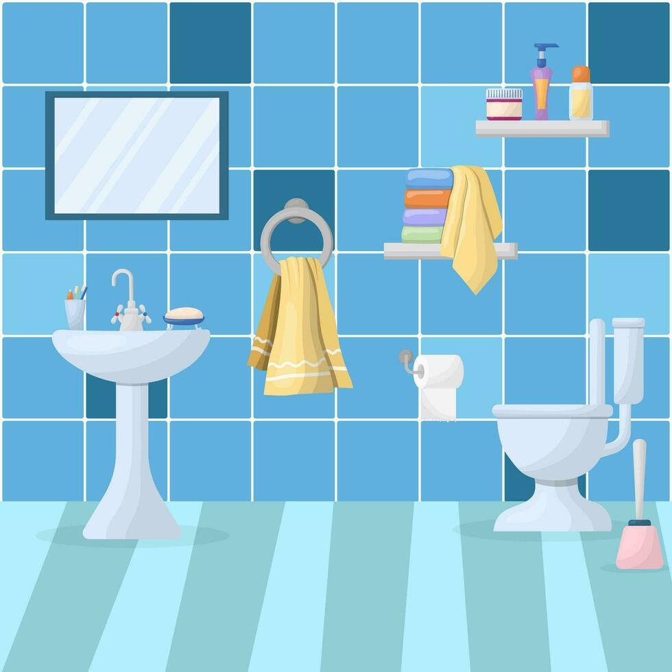 bathroom interior with furniture. Home interior items - mirror, washbasin, toilet bowl, shelves with cosmetics, towel. Vector illustration in a flat style.