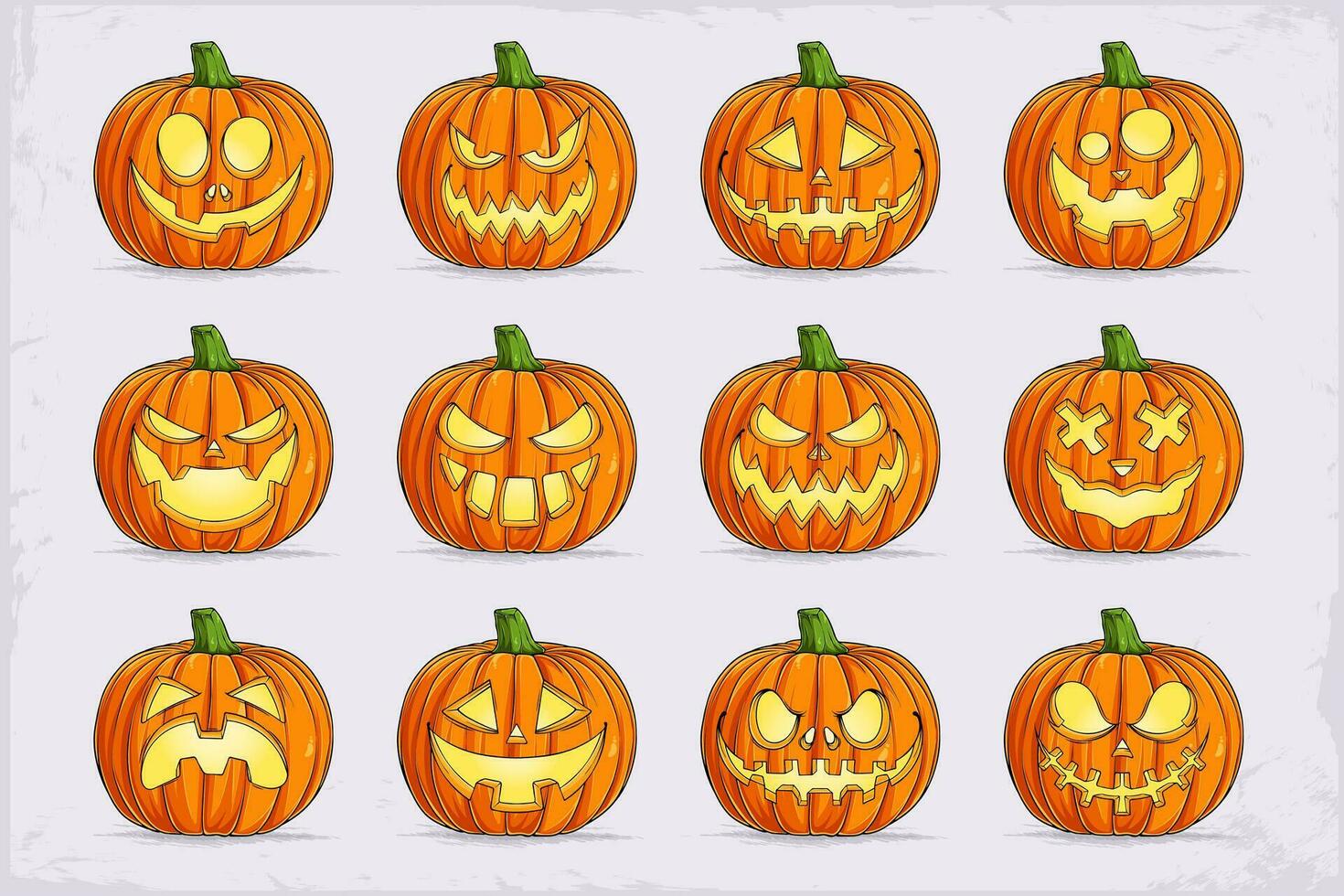 mano dibujado colección de Víspera de Todos los Santos calabazas tallado caras, de miedo y gracioso caras de Jack o' linterna vector