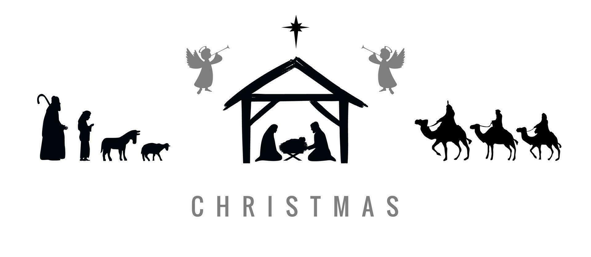 Set of Christmas icons. Jesus in manger, Mary, Joseph, angels, wisemen, shepherds and Bethlehem star. Nativity vector illustration