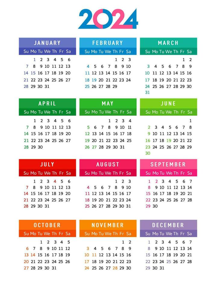 calendario 2024 año, editable modelo semana comienzo domingo con Estados Unidos vacaciones. vector