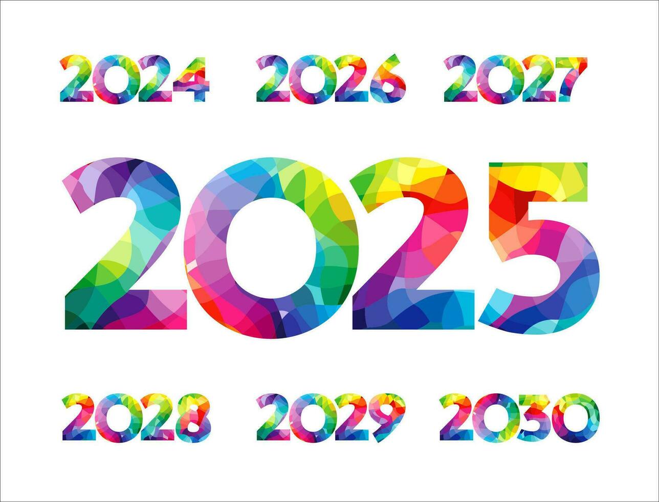 Set of colorful numbers from 2024 to 2030. Creative icons 2025, 2026, 2027, 2028 and 2029. Calendar or planner title. Business concept. Isolated stained texture. Blue, red, purple, yellow and green. vector