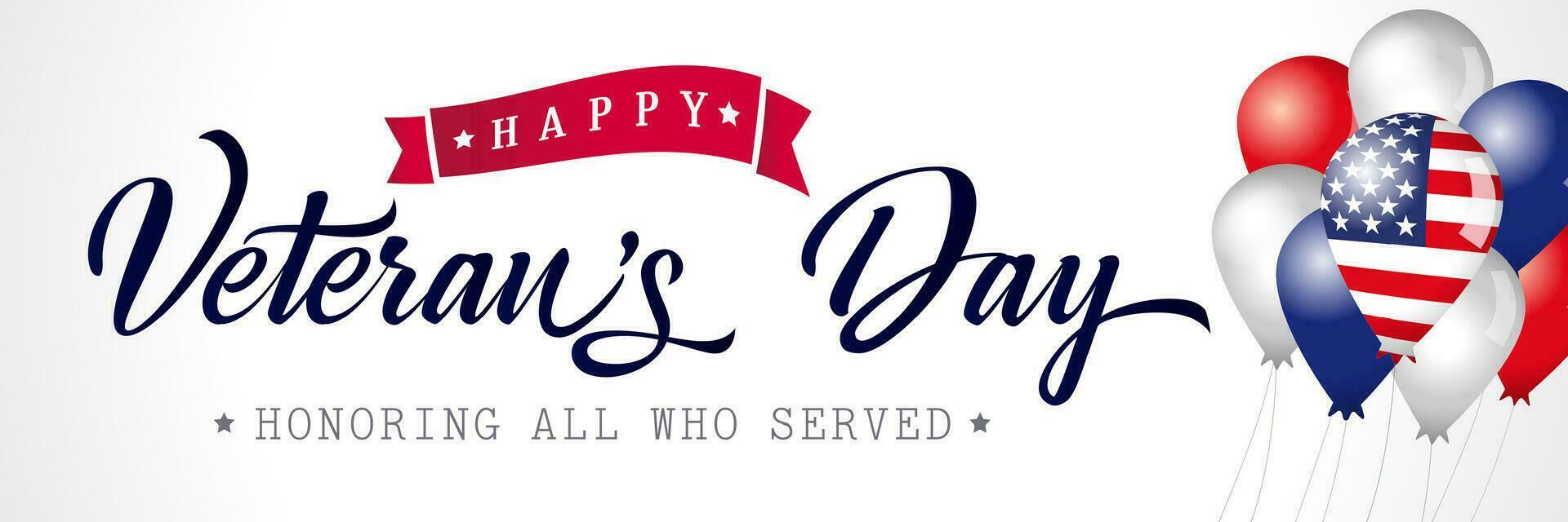 Happy Veterans day USA poster with balloons. Veterans day November 11th horizontal banner vector