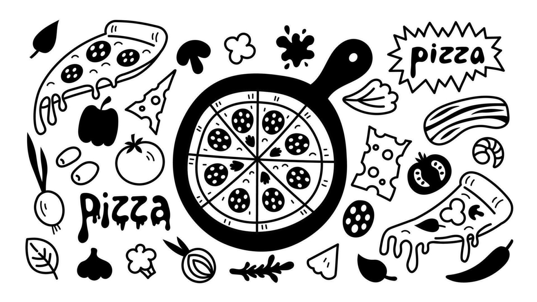Pizza with ingredients food doodle set vector