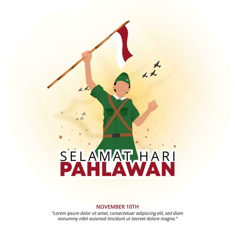 Square Selamat Hari Pahlawan Nasional or Happy Indonesia Heroes Day background with a hero in a battlefield vector