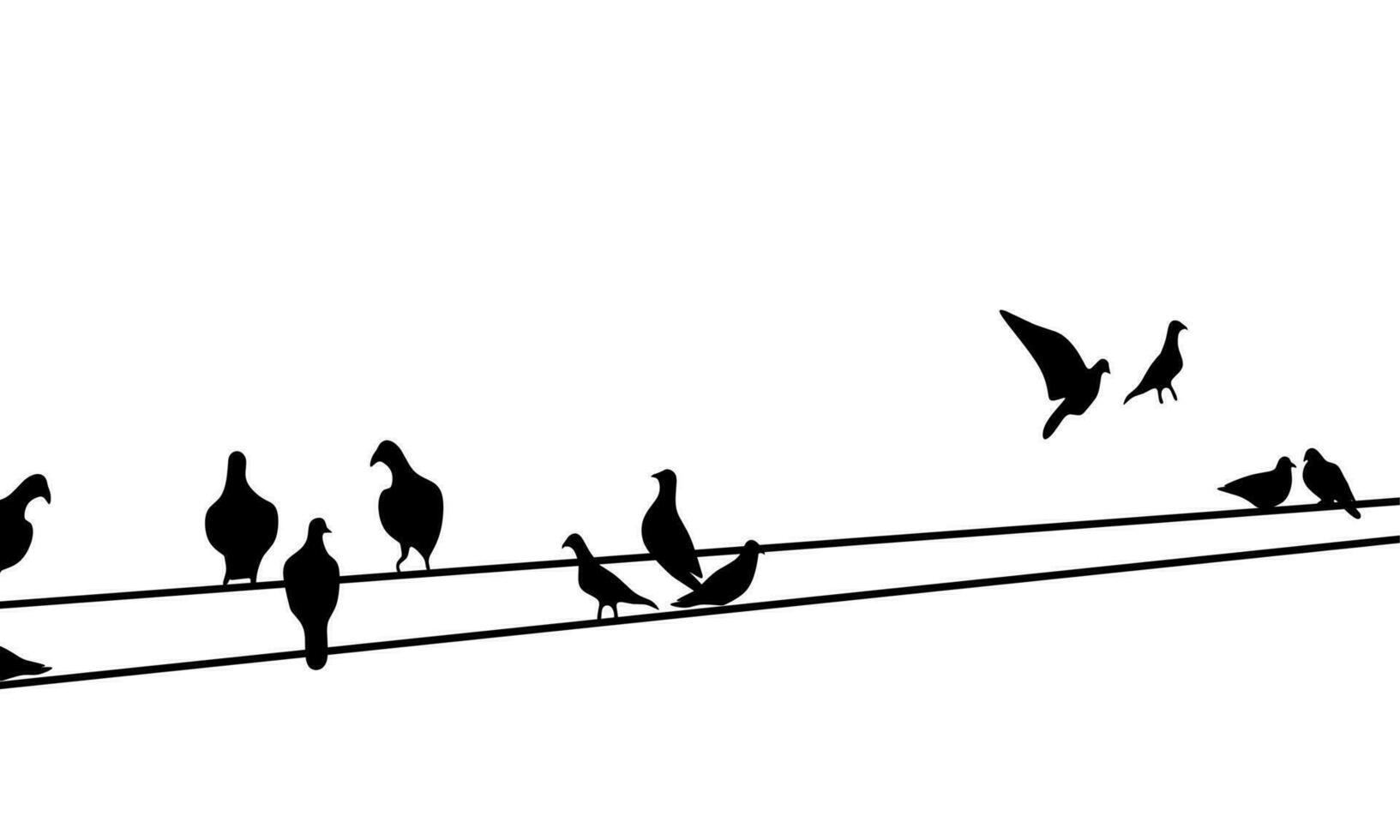 Silhouette of a group of pigeons sitting on an electric pole cable on a white background. Blackbird perched. Vector illustration