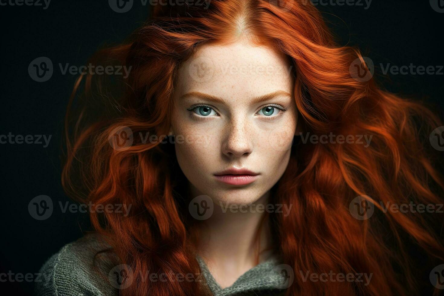 Portrait of a beautiful red-haired woman, the concept of youth and a beautiful hairstyle. AI Generated photo