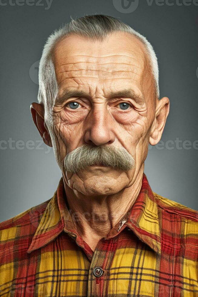 An elderly man with a mustache and a colorful checkered shirt looking straight at the camera, AI Generated photo