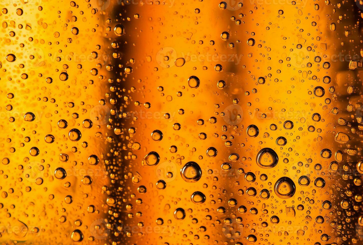 un cerca arriba de agua gotas en un amarillo superficie. el concepto de frío enfriamiento bebidas en caliente días. ai generado foto