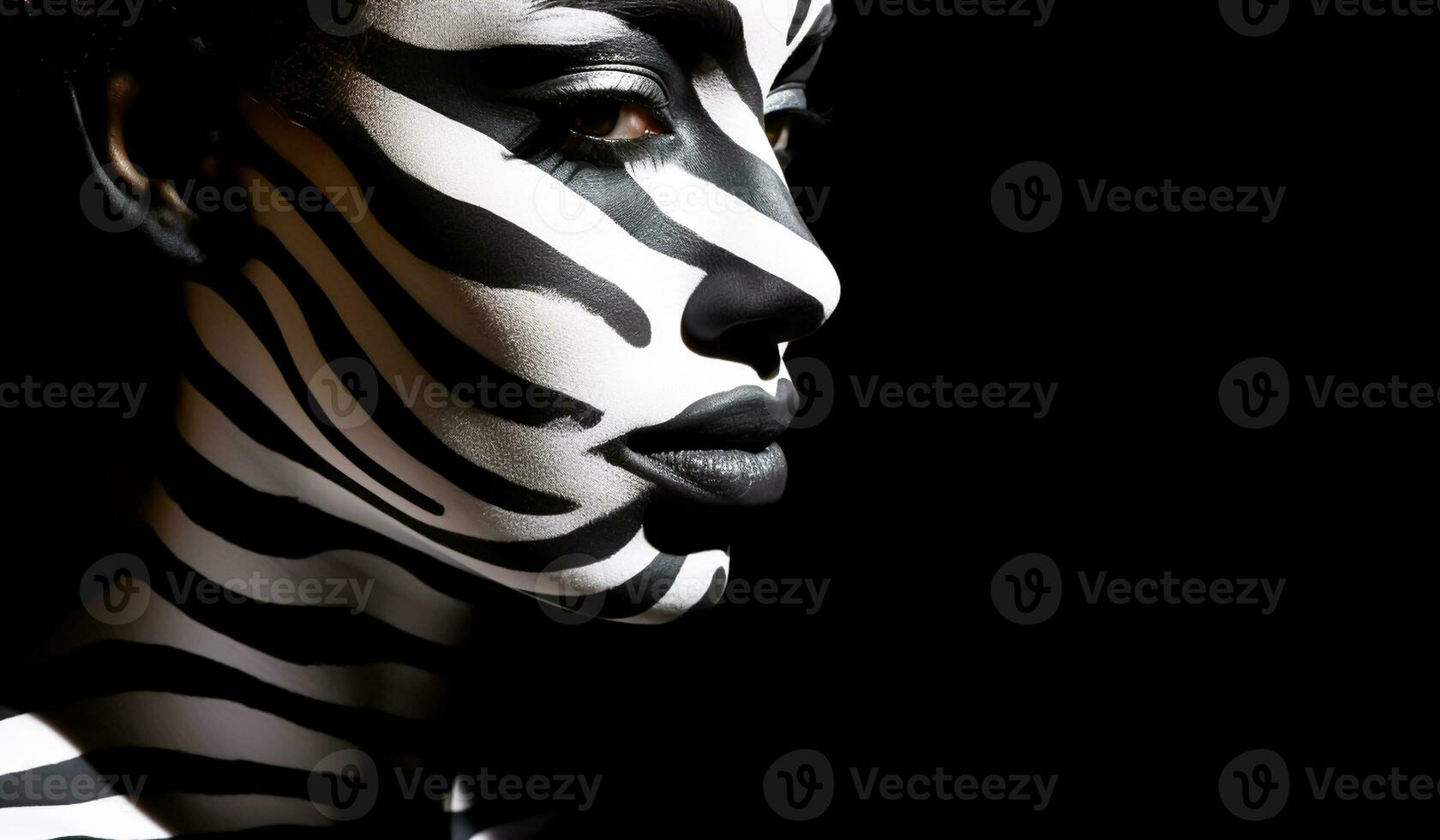 Fantasy face painting, zebra look, in white and black. AI Generative photo