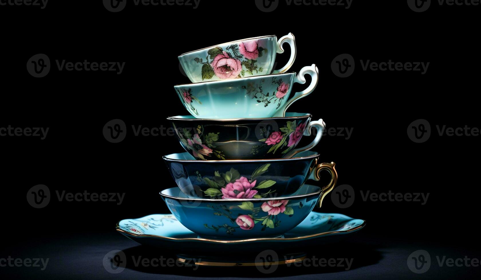 Pile of colored porcelain cups for tea or coffee. AI Generative photo