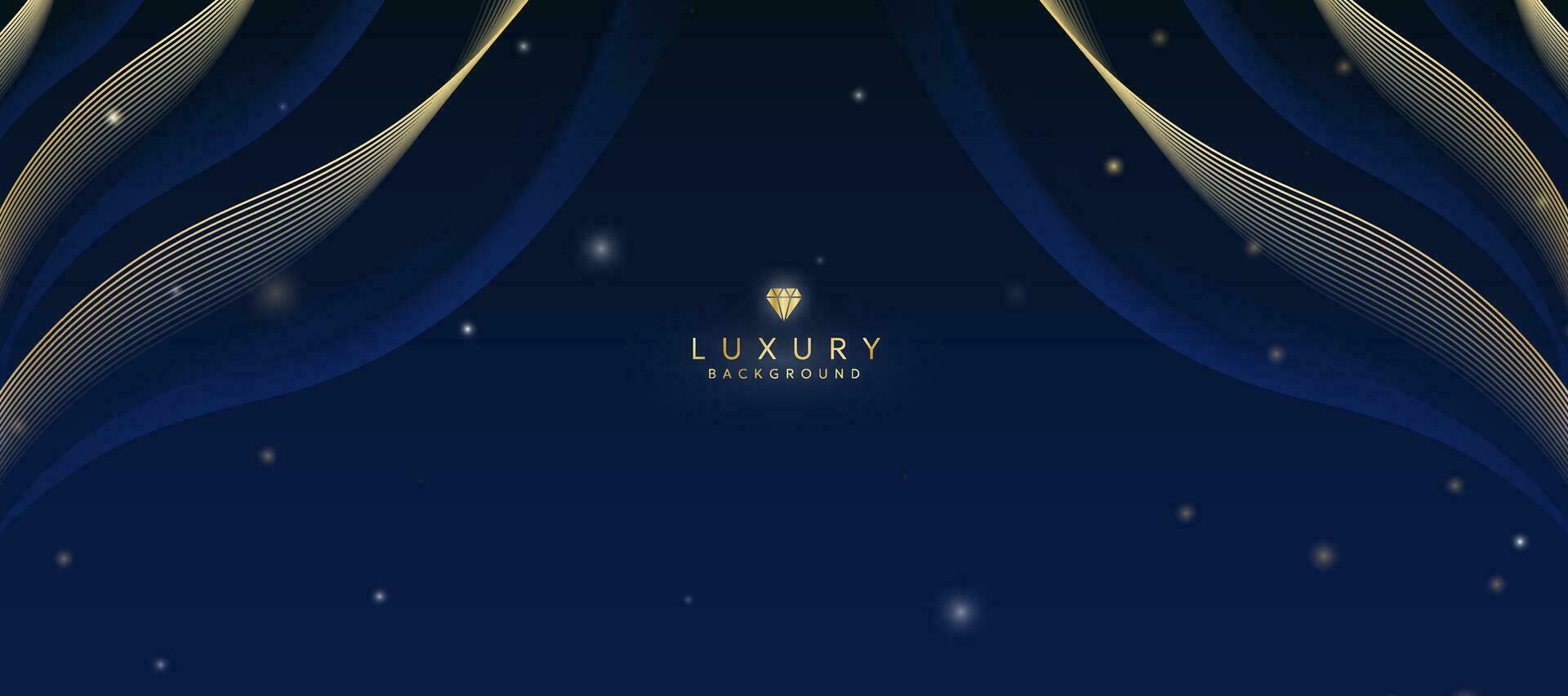 Dark blue luxury background with elements of golden curves and shiny lights. vector