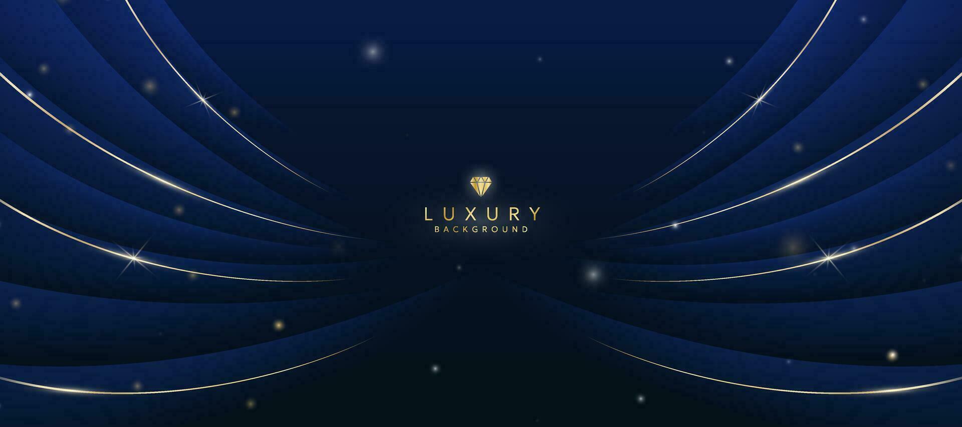 Dark blue luxury background with elements of golden curves and shiny lights. vector