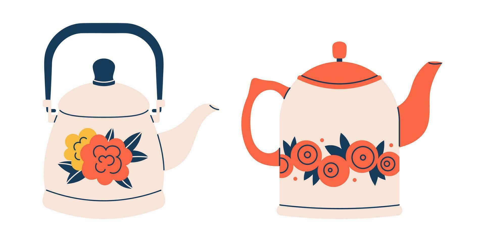 Vector retro tea kettles set. Vintage kitchen tableware collection. Ceramic or porcelain utensils. Trendy teapots or kettles with flowers.