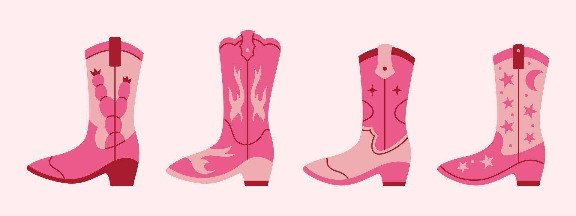 vector conjunto de diferente rosado retro vaquera botas. salvaje Oeste y Texas concepto. vaquero Moda botas. Clásico occidental recopilación. niña fuerza.