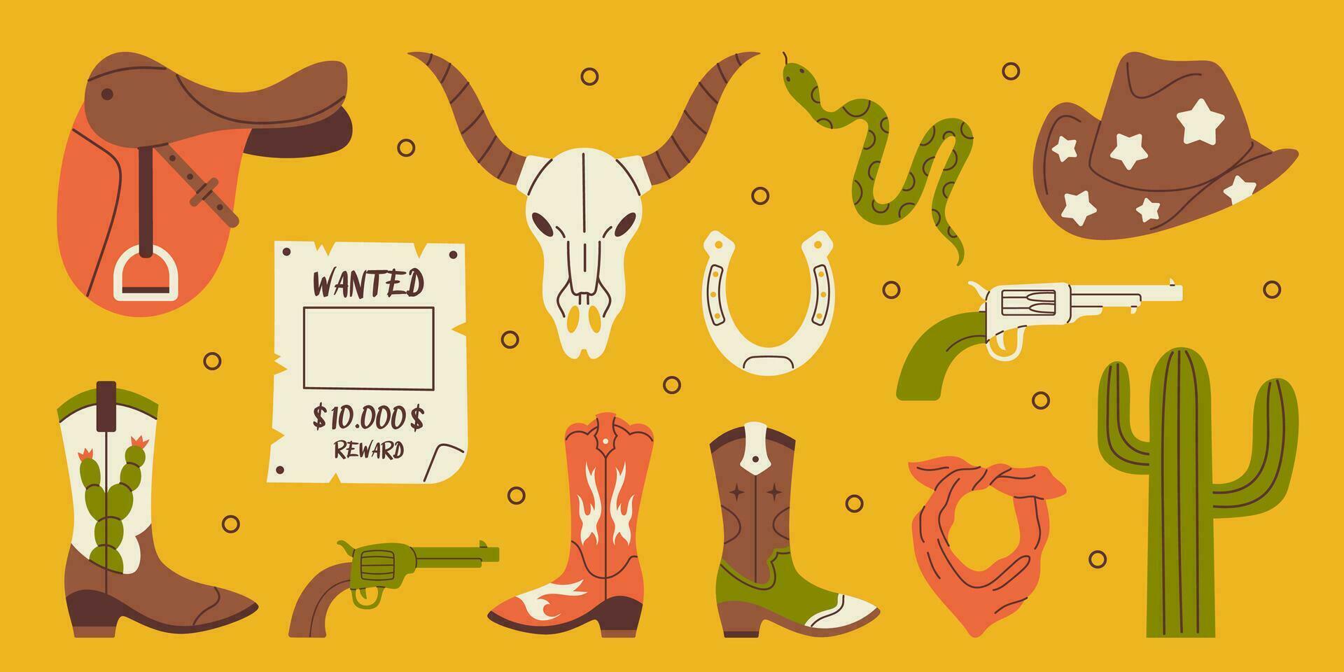 Western set. Retro collection of cowboy boots, bandana, hat, gun, cactus, horseshoe, cow skull, saddle, wanted poster and snake. Wild west and Texas concept. vector