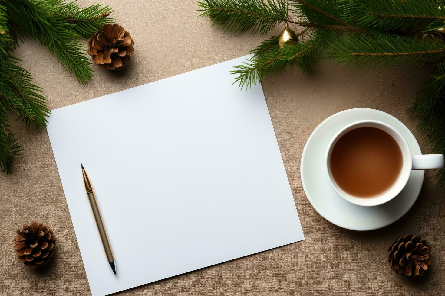 Christmas background with blank paper and decorations on a white table. photo