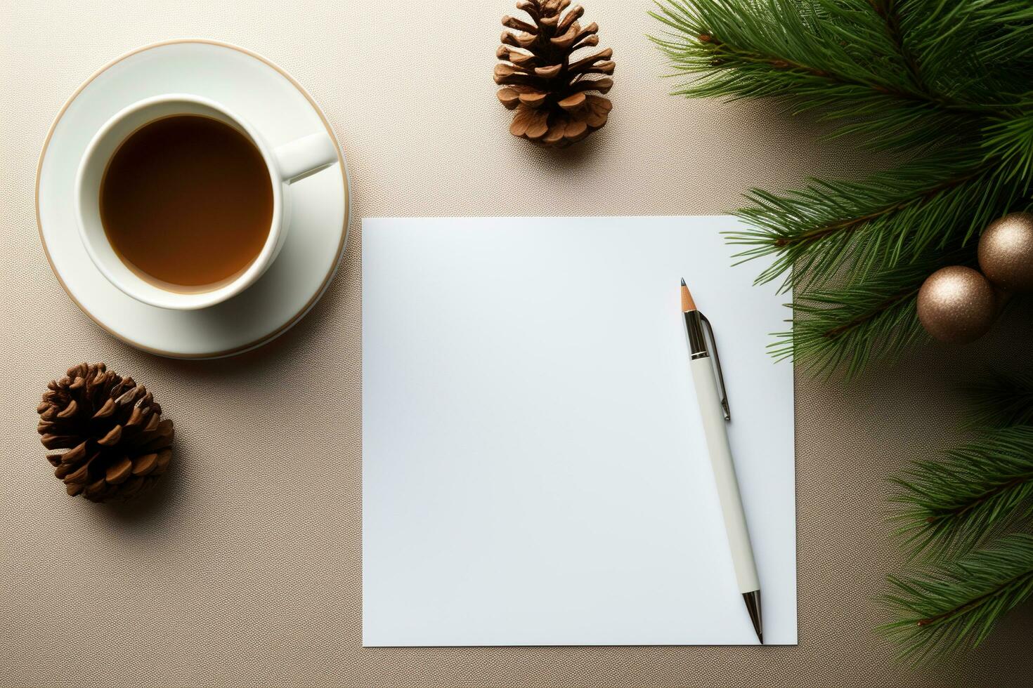 Christmas background with blank paper and decorations on a white table. photo