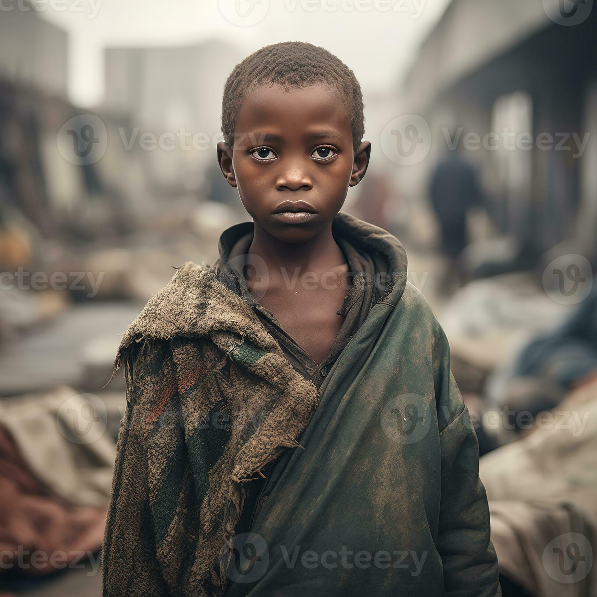 Poor African boy in the city during. AI Generative 30349874 Stock