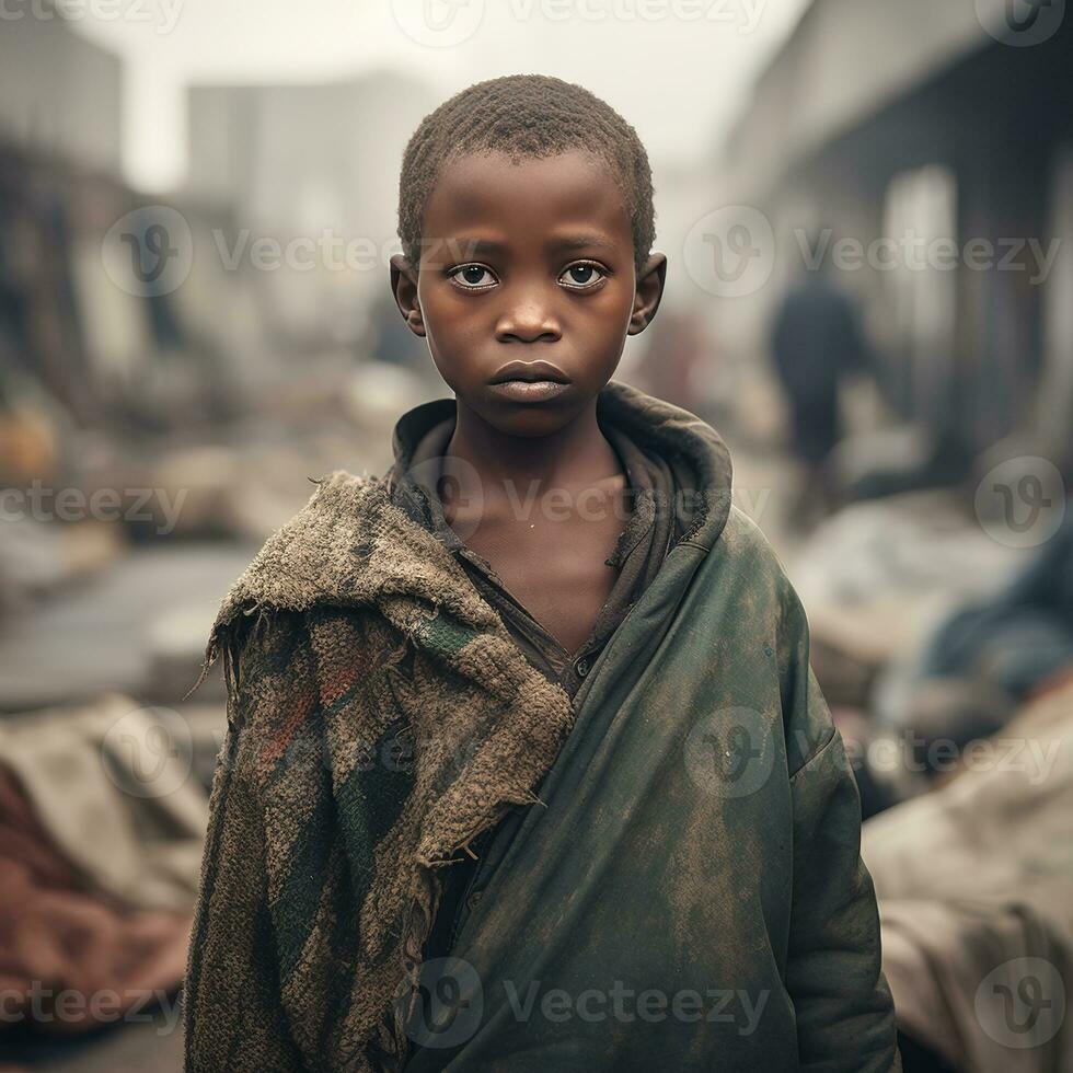 Poor African boy in the city during. AI Generative photo