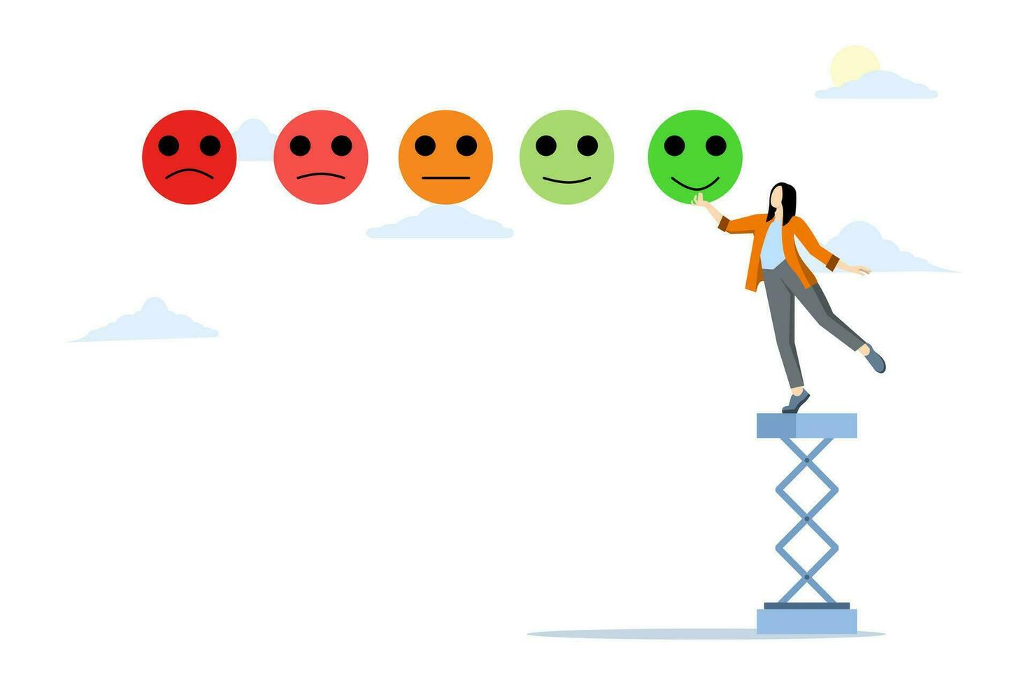 Concept of customer satisfaction, feedback or appreciation rating, positive score or good quality service, customer experience, young man climbing the ladder to give a positive smile feedback rating. vector