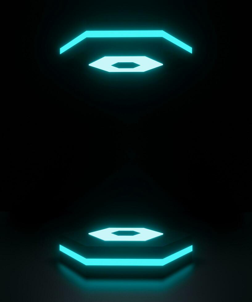 Cyberpunk sci-fi product podium showcase in empty room with blue light and dark background. Technology and entertainment object concept. 3D illustration rendering photo