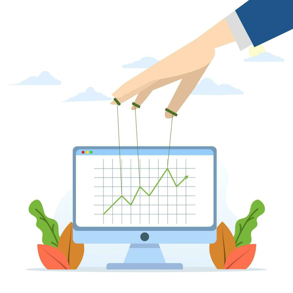 Stock market manipulation concept, hand with a rope over the chart for changes, controlling price movements, businessman market manipulator to control the market chart. flat vector illustration.