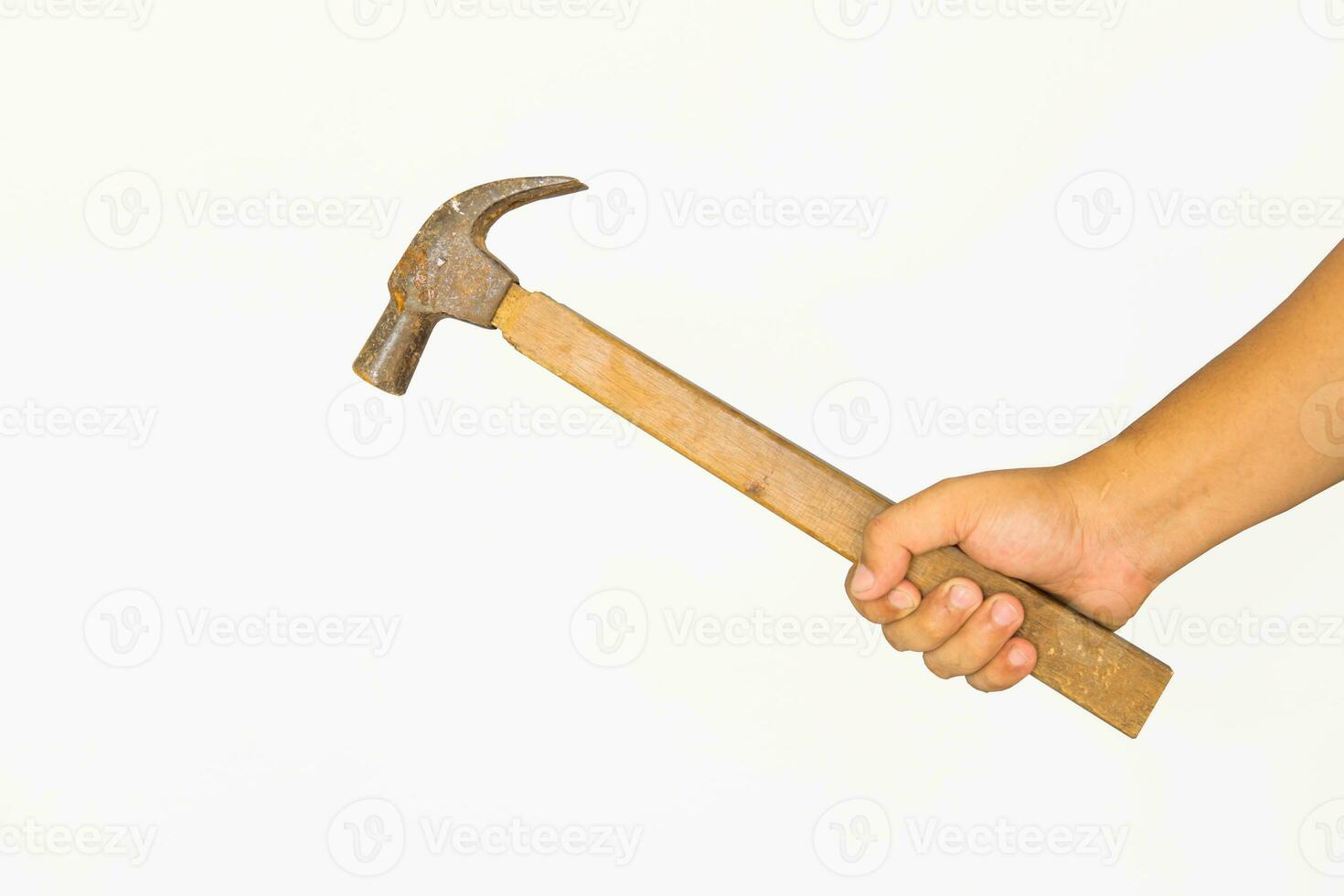 Hand holding a hammer. Background on white photo