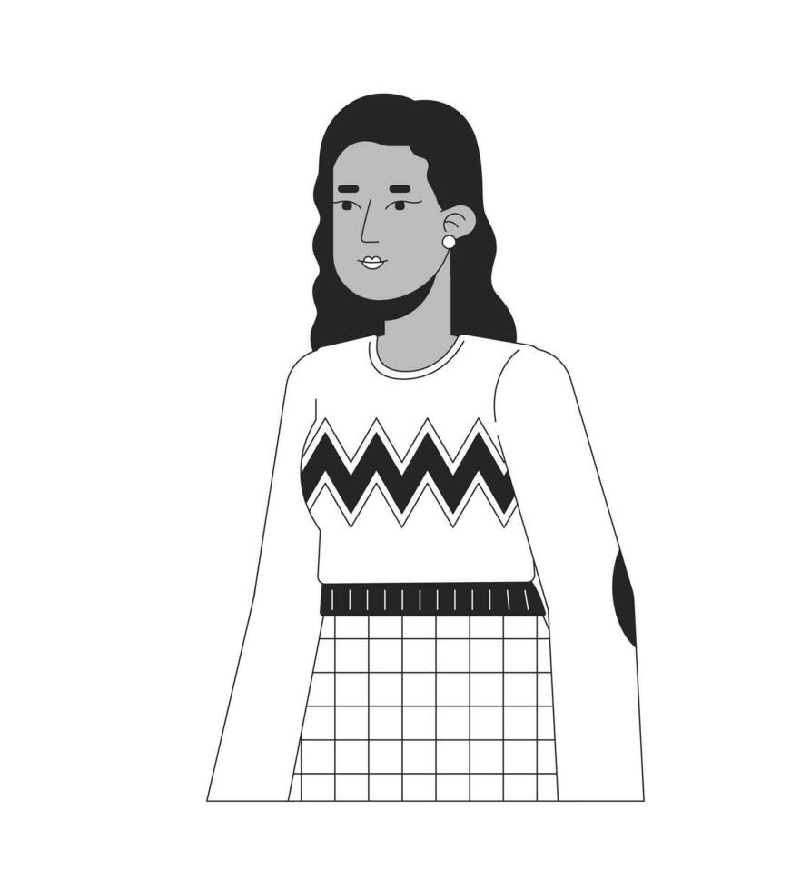 Handsome african american girl posing black and white 2D line cartoon character. Relaxed standing isolated vector outline person. Black female college student monochromatic flat spot illustration