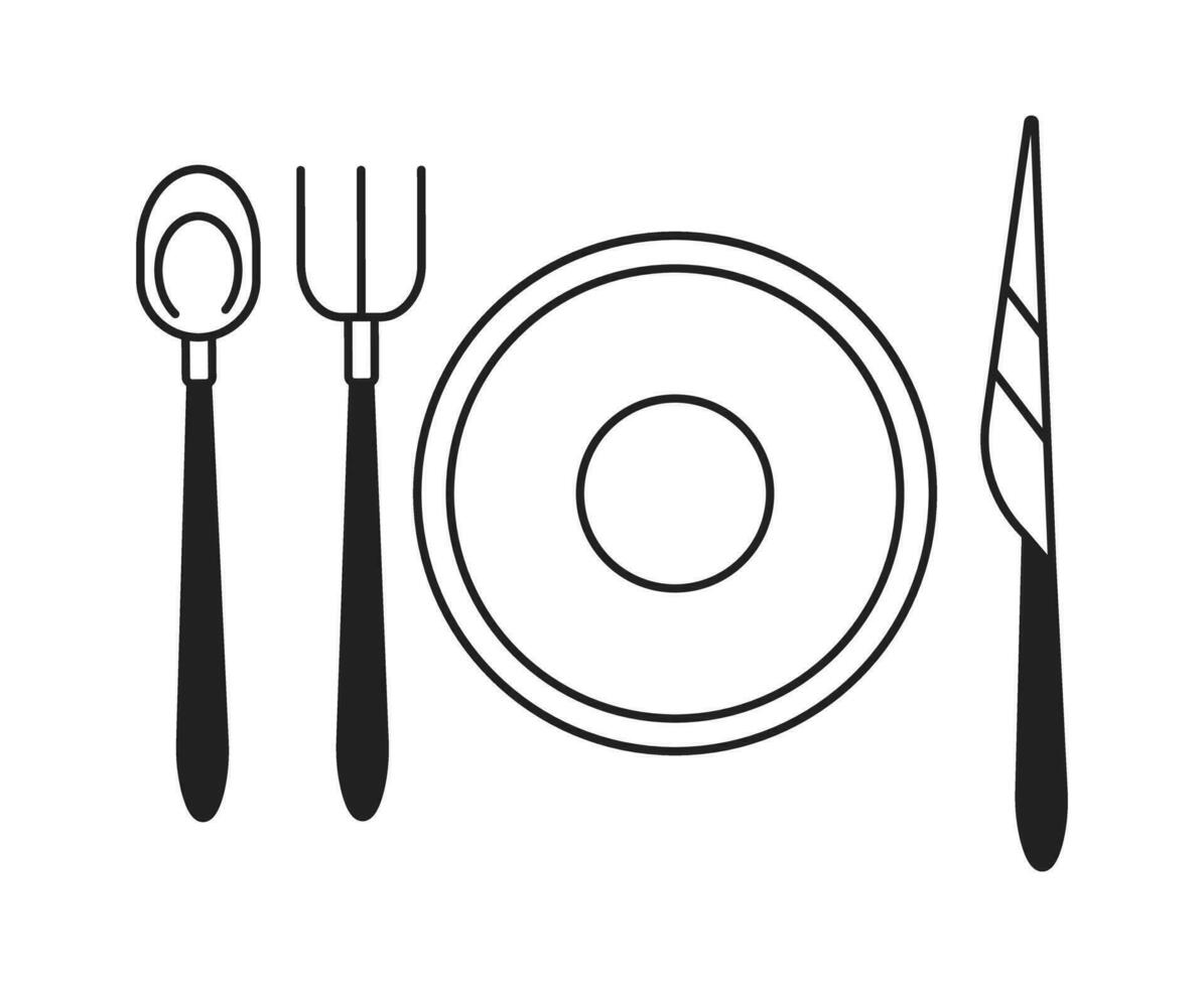 Cutlery setting black and white 2D cartoon object. Banquet flatware isolated vector outline item. Fork knife spoon with plate. Silverware setting. Weddings utensil monochromatic flat spot illustration