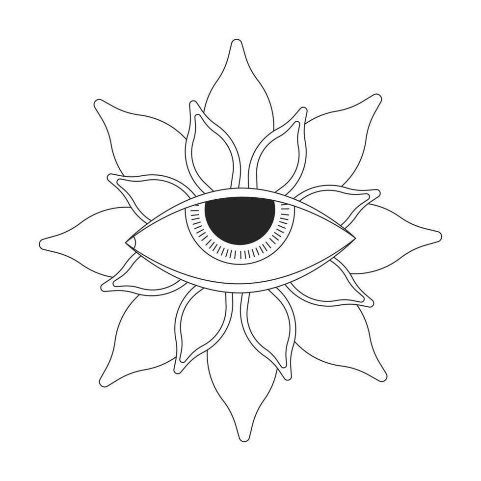 Esoteric eyeball flower black and white 2D line cartoon object. Spirituality. Blossom mysterious imagination isolated vector outline item. Fantasy hallucination monochromatic flat spot illustration