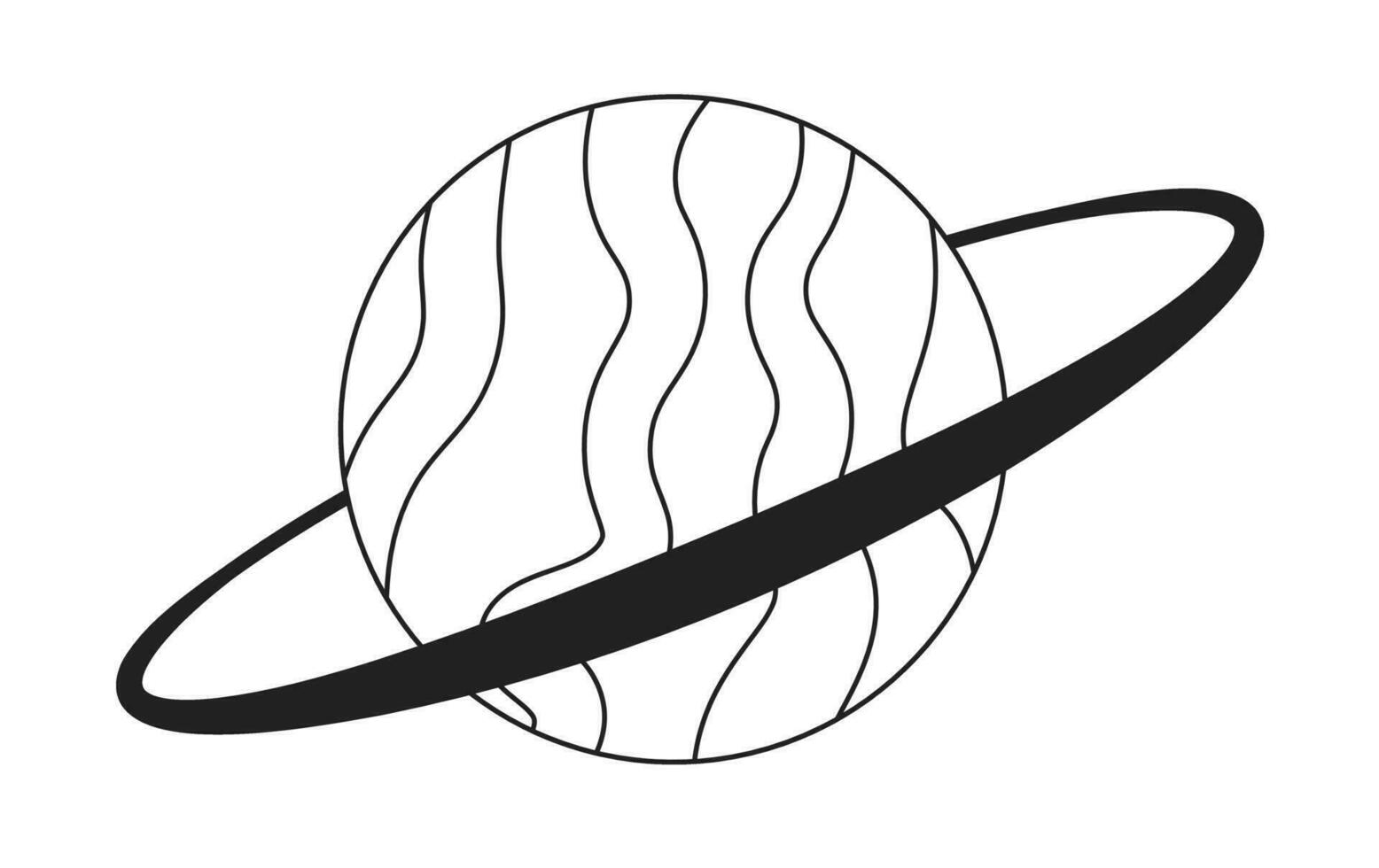 Striped planet sphere with ring black and white 2D cartoon object. Cosmic globe isolated vector outline item. Saturn exoplanet. Planetary. Fantasy surface monochromatic flat spot illustration