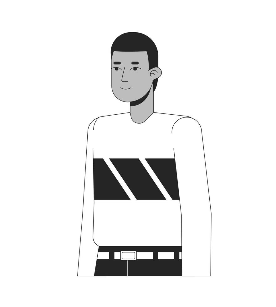 African american short haired young man standing black and white 2D line cartoon character. Teenager relaxed posing isolated vector outline person. Average boy monochromatic flat spot illustration