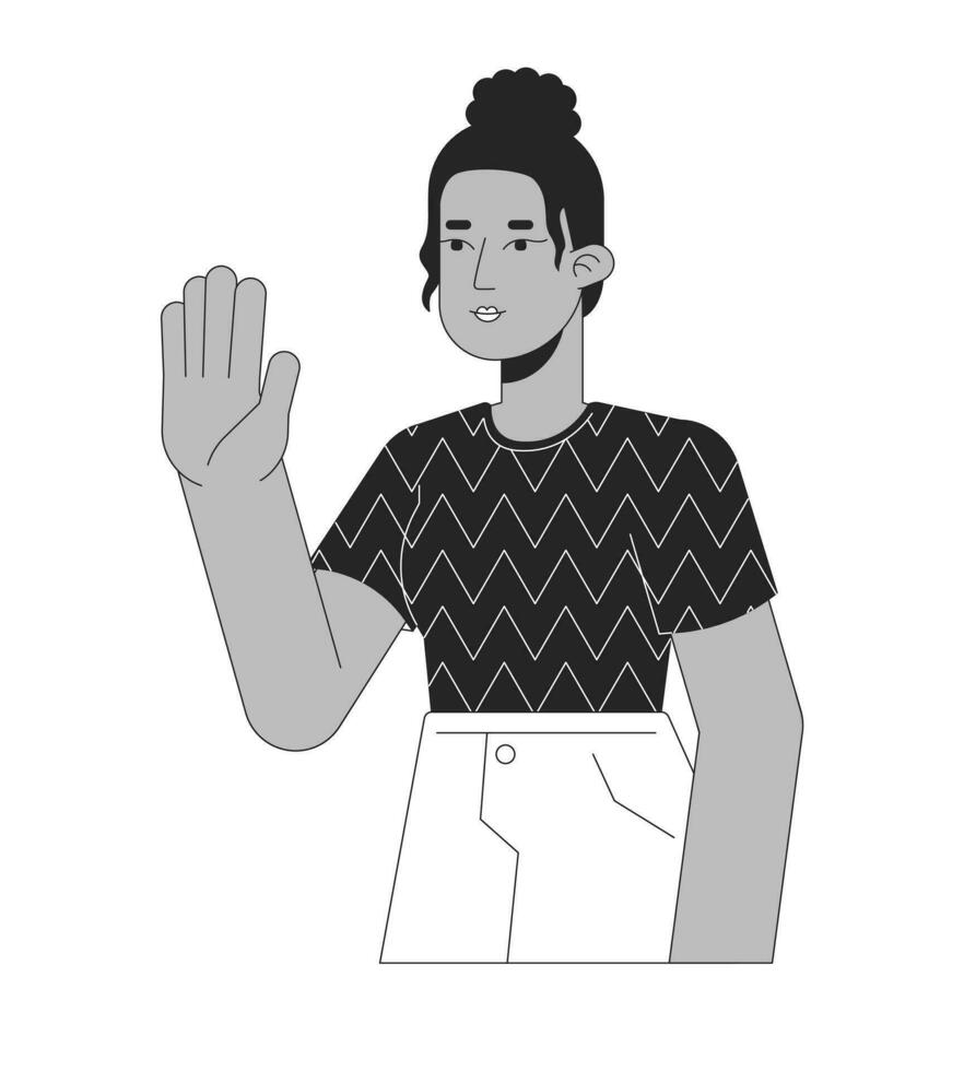 Top knot black girl saying hi black and white 2D line cartoon character. African american woman positive greeting isolated vector outline person. Stop hand monochromatic flat spot illustration