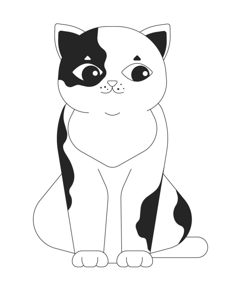 Cute spotted cat looking sideways black and white 2D line cartoon character. Curious feline pet sitting isolated vector outline animal. Side eye kitten domestic monochromatic flat spot illustration