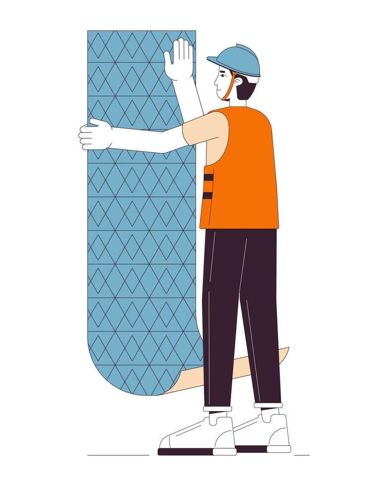 Professional hanging wallpaper line cartoon flat illustration. Caucasian male wallcovering installer 2D lineart character isolated on white background. Wall covering scene vector color image