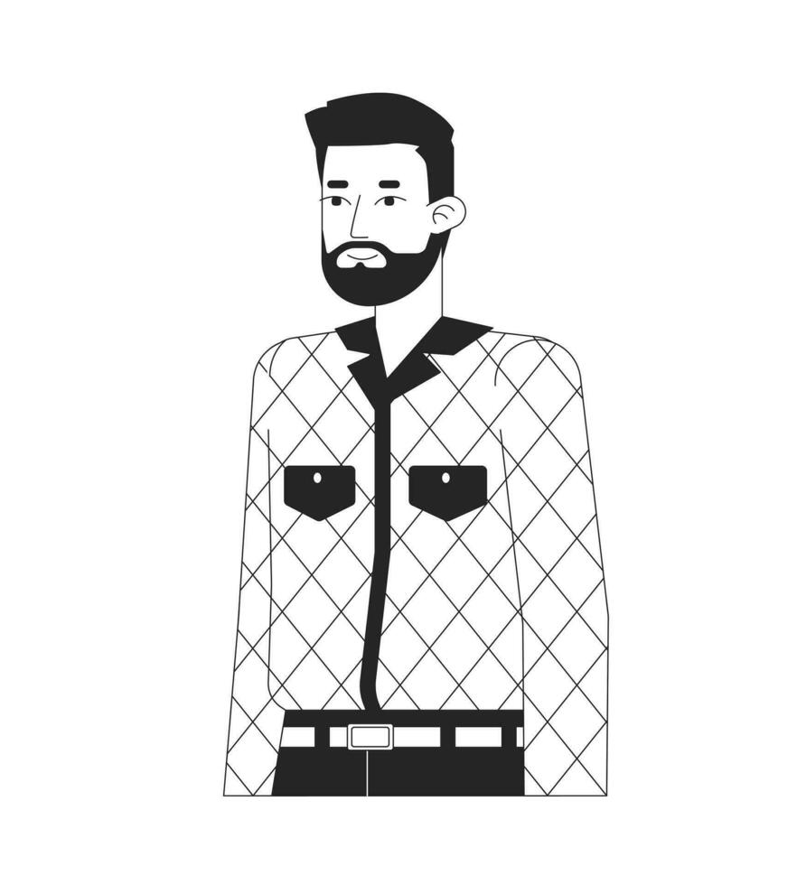 Bearded caucasian man standing black and white 2D line cartoon character. Adult european guy relaxed posing isolated vector outline person. Office worker in casual monochromatic flat spot illustration